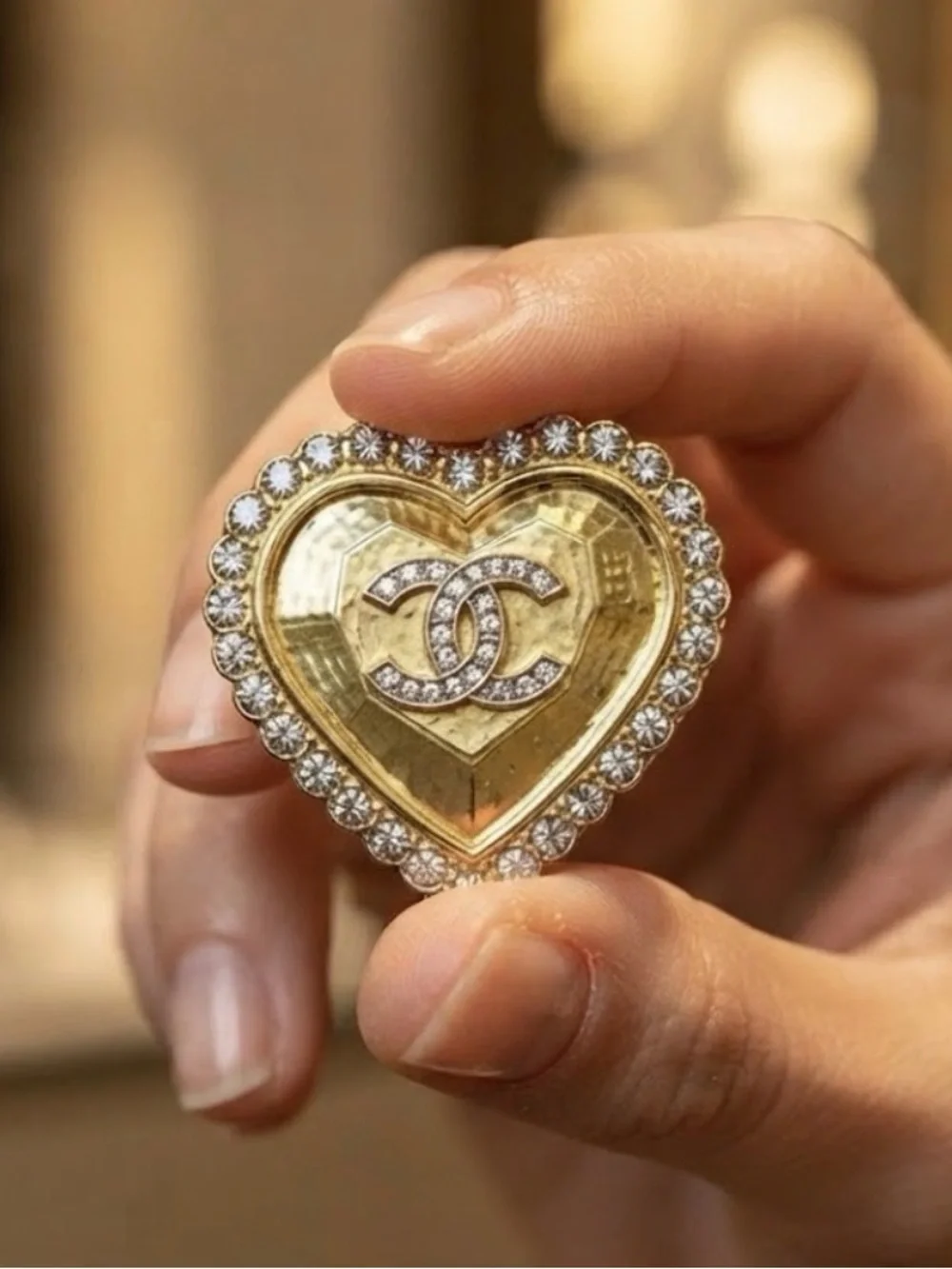 CHANEL Heart Logo Crystal Brooch